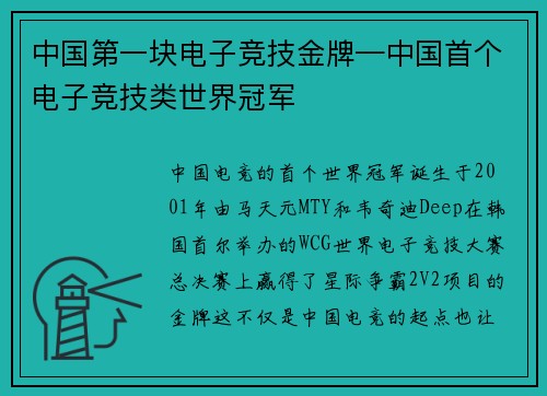 中国第一块电子竞技金牌—中国首个电子竞技类世界冠军